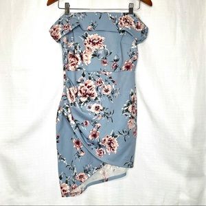 AKIRA Off Shoulder NWT Blue Floral Midi Mini Dress Size Large / L / Blush Pink